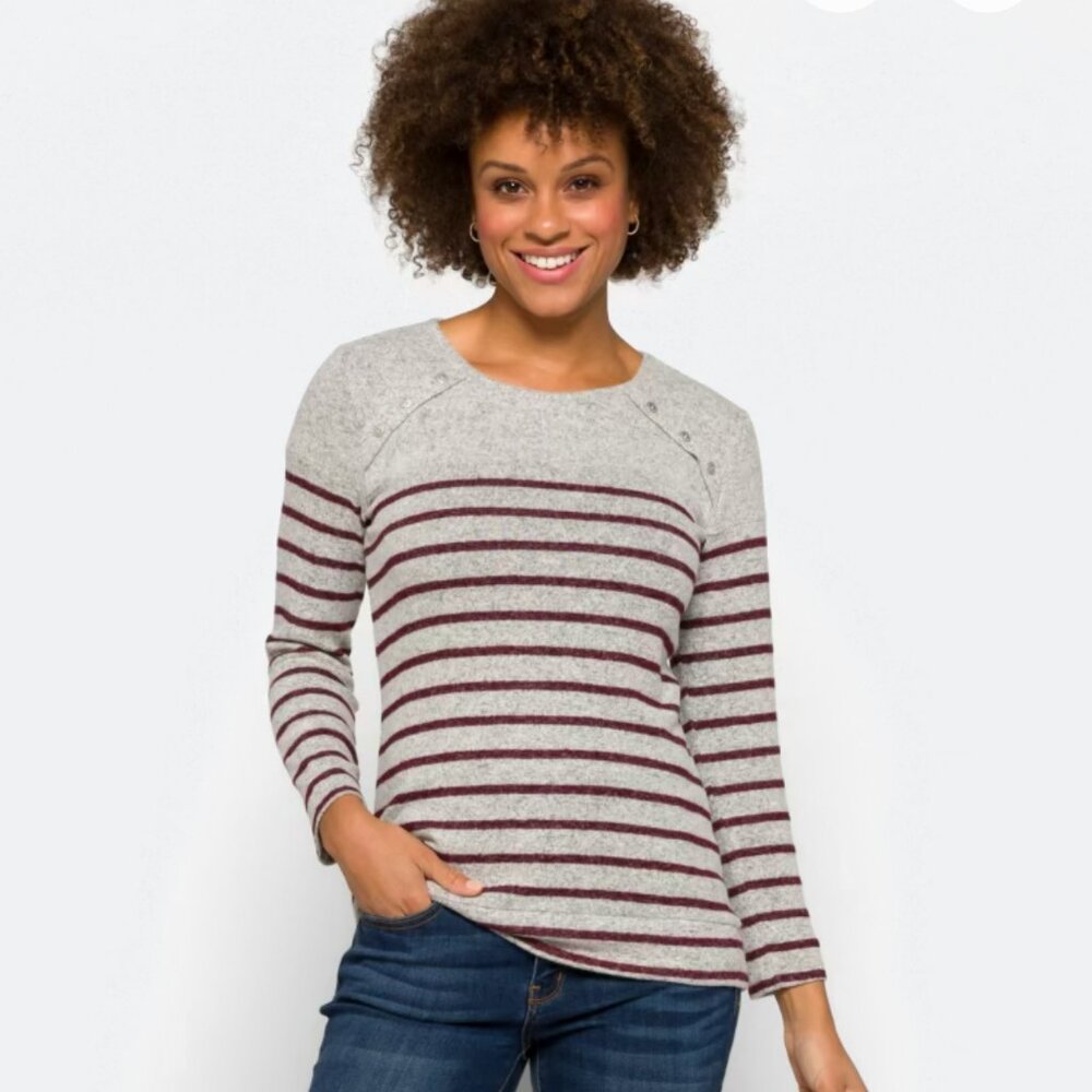 Market & Spruce Gloria Button Detail Brushed Knit Top, Grey & Burgandy Stripe, M